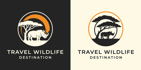 Two safari logo designs featuring a rhinoceros and trees within circular frames with travel typography © najmulhusan120