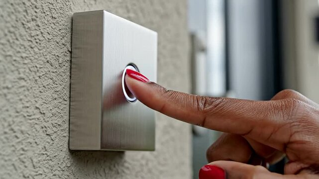 Extreme Close-Up of a Finger Pressing a Modern Doorbell Button on a Textured Wall in a Contemporary Home Setting