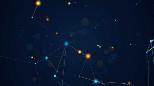Abstract network of glowing blue and gold nodes connected by lines with moving particles.