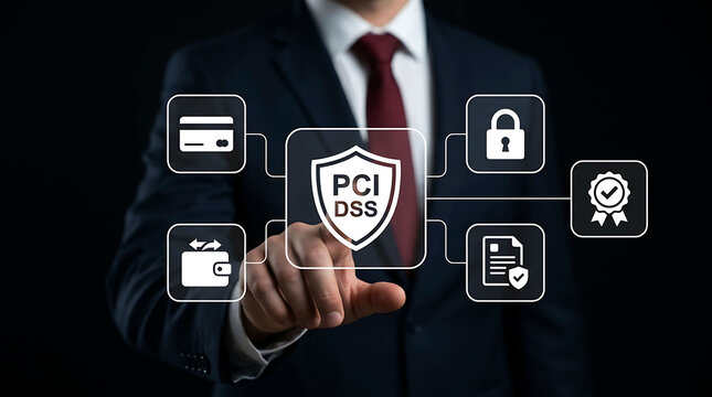 Businessman touching PCI DSS shield icon for credit card payment security