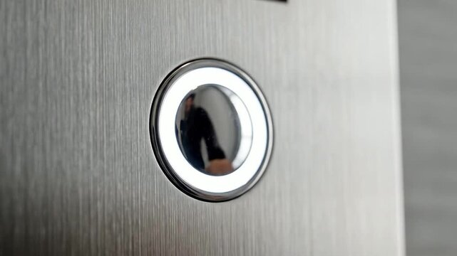 Macro View Of A Fingertip Pressing A Polished Metal Elevator Button Illustrating Modern Urban Technology