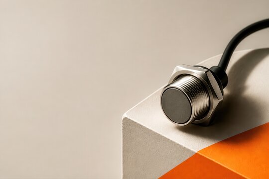 Industrial proximity sensor on minimal beige and orange surface