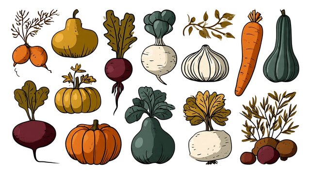 Hand drawn set of various autumn harvest vegetables and root crops.