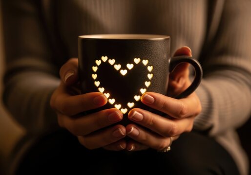 Hands holding a dark mug with a glowing heart shape
