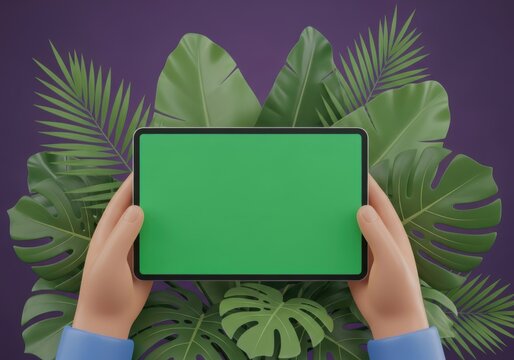 3d cartoon hands holding a tablet with green screen