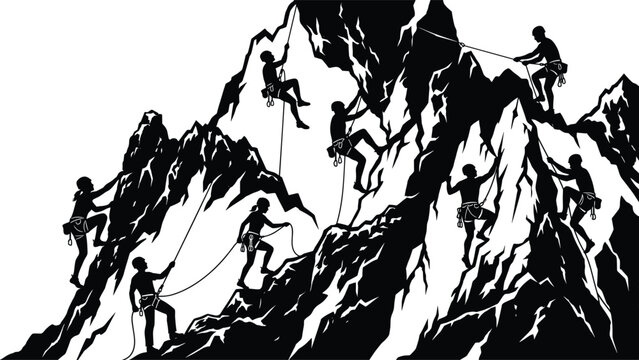 Mountain Climbing Silhouette Vector Set Featuring Rock Climbers and Rappellers Scaling Steep Peaks