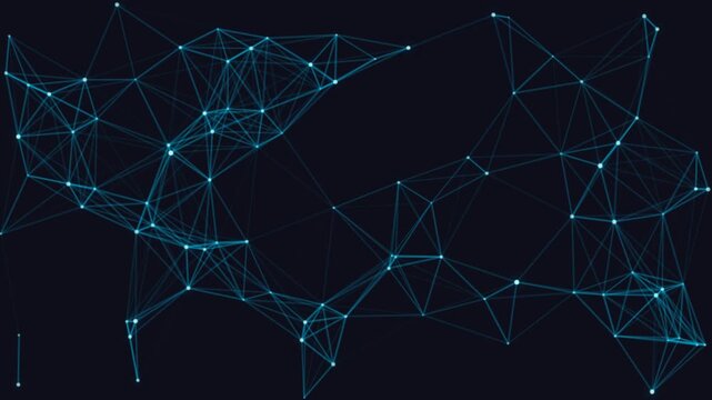 Abstract network of glowing points and lines moving slowly on dark background motion graphics.