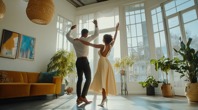 Elegant couple sharing a dance in sunlit living room, celebrating love and connection in a modern home setting