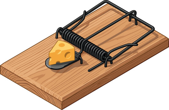 Isometric wooden mousetrap vector illustration baited with a small piece of yellow cheese isolated on a clean white background for business concepts