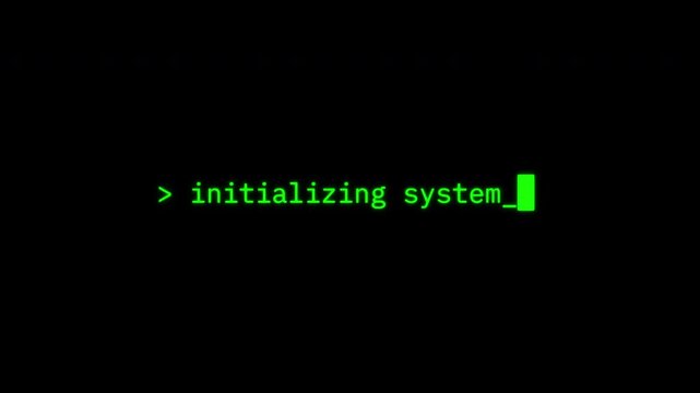 Green terminal text reading "initializing system" appears on a black screen with a blinking cursor, creating a futuristic computer boot sequence ideal for cybersecurity