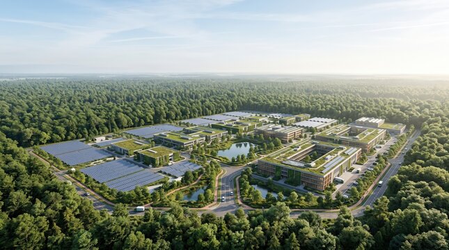 Aerial View of Modern Eco-Friendly Business Campus Surrounded by Lush Green Forest Landscape