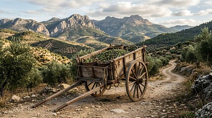 Fototapeta premium Harvested green olives in a vintage wooden cart in the mountains
