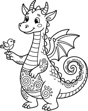 Cute baby dragon coloring page vector illustration with mandala patterns holding a small bird isolated on a clean white background