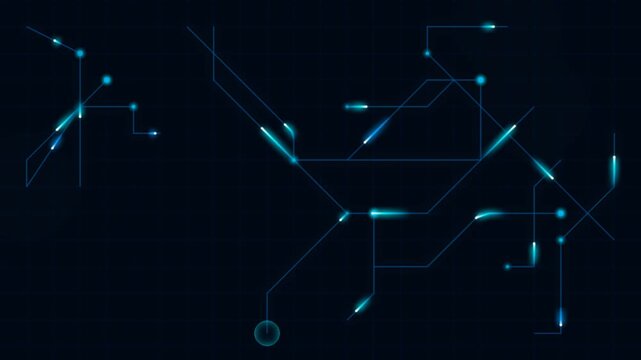 Cyber blue circuit board digital motion graphics video background with glowing data pulse animation and grid overlay.