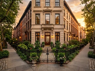 Fototapeta premium Corner townhouse with iron gate and front garden
