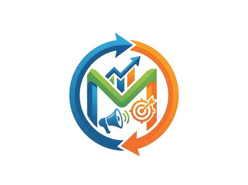 Marketing icon with growth chart megaphone and target on white background.