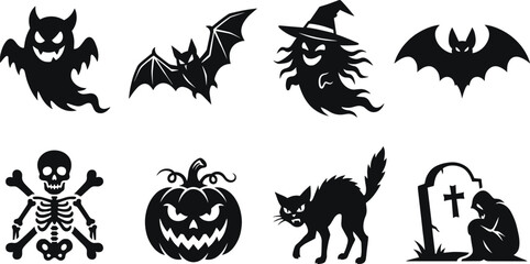Fototapeta premium Halloween Horror Silhouette Icon Set with Ghost Bat Witch Pumpkin Skeleton and Black Cat