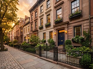 Naklejka premium Townhouse row with blue door and wrought iron fence