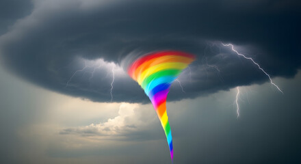 Fototapeta premium Surreal digital illustration of a vibrant rainbow colored tornado swirling amidst a dark stormy sky with lightning flashes