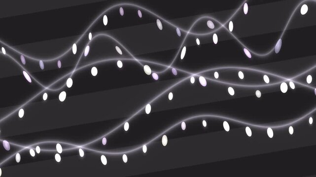 White and purple lights hanging from thin wires on a black background with diagonal lines