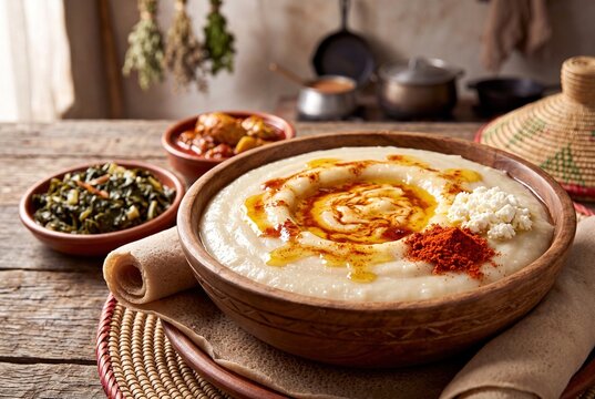 Traditional Ethiopian Bula Soft Wild Cassava Flour Porridge Served in a Wooden Bowl with Injera