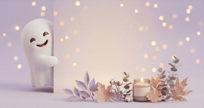 Cute little ghost peeking from behind a banner with autumn leaves and candle.