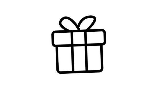 A minimalist black line art icon of a wrapped Christmas gift box with a ribbon bow, centered on a plain white background. The gift box subtly tilts left and right while pulsating and zooming in