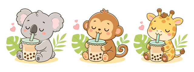 Obraz premium Cute kawaii vector illustration set featuring adorable baby koala, monkey and giraffe drinking bubble tea. Pastel cartoon animal characters with boba milk tea, tropical leaves and sweet nursery sryle.