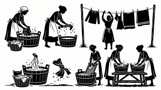 A bold vintage-style black silhouette illustration set showing women washing clothes in wooden barrels, wringing garments, and hanging laundry on an outdoor clothesline. Perfect for laundry brands, re