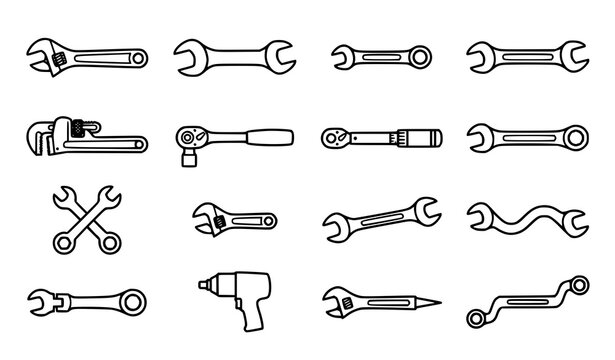 Wrench spanner mechanical hand tools repair and maintenance editable vector icons