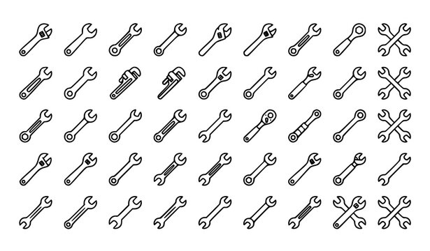 Adjustable spanner socket torque and mechanical wrench editable line icon collection