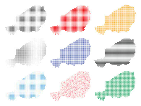 Niger map vector collection, colorful dotted and pixelated country silhouettes, 9 geographic map icons
