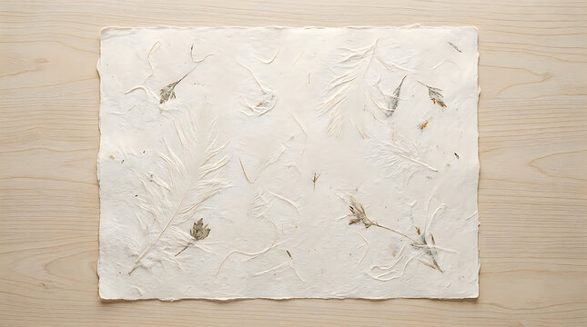 Natural handmade deckle edge paper with pressed botanical leaves on wooden table surface