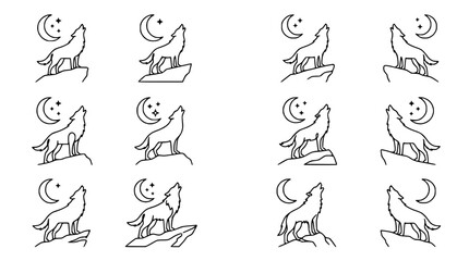 Fototapeta premium Wolf Howling Moon Icon Set - Line Art Collection