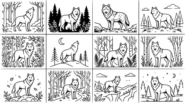 Wolf illustration set, howling wolf, forest landscape, outline art, wild animal collection