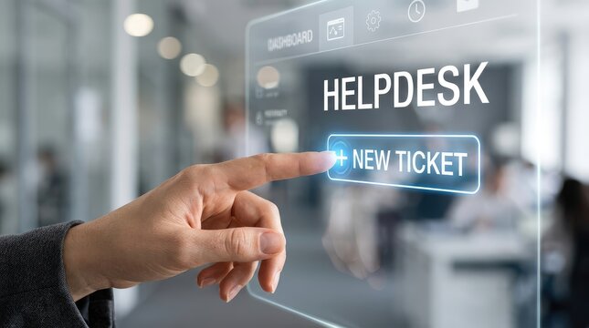Finger selecting new ticket option on digital helpdesk interface screen with depicts close up hand interacting futuristic digital interface