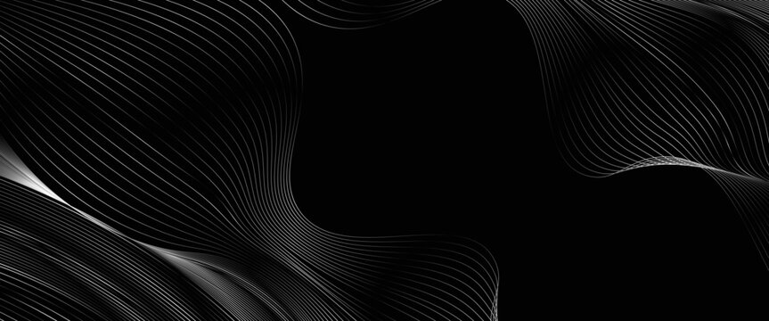 Black abstract background design. Modern wavy line pattern (guilloche curves) in monochrome colors. Premium stripe texture for banner, business backdrop. Dark horizontal vector template