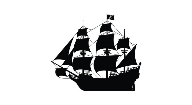 Pirate Ship Silhouette Against White Background Detailed Black Shape