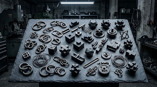 A collection of intricate metal brain teaser puzzles and mechanical components arranged on a textured surface, showcasing complexity and strategy for mental engagement.