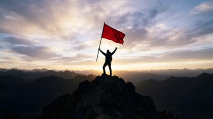 Obraz premium A triumphant hiker standing on a mountain peak holding a red flag during the sunset to celebrate the national day of china holiday