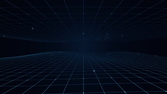 Digital grid abstract background with glowing particles moving in cyberspace.
