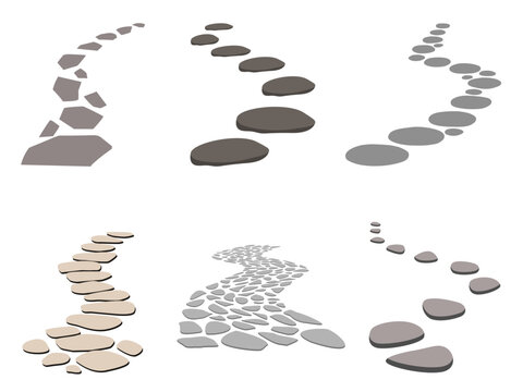 Stepping stone path vector set, winding garden walkway icons, flat rock trail illustrations for landscaping and zen design, 6 path variations