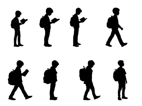 School boy silhouettes with backpack and book, set of 8 student vector icons, primary school child walking and reading, back to school education concept
