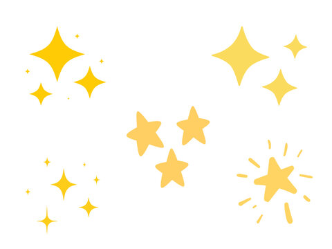 Sparkling yellow star icons set, hand drawn magic twinkle elements vector, golden glitter sparkle symbols for festive decoration and celebration