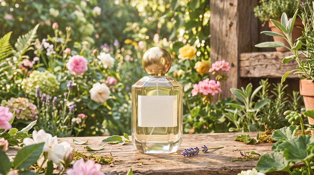 Luxury perfume bottle in a lush botanical garden setting