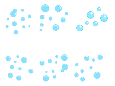 Light blue water bubbles set, floating soap bubble clusters on white background, underwater oxygen fizz vector elements for hygiene and beverage design