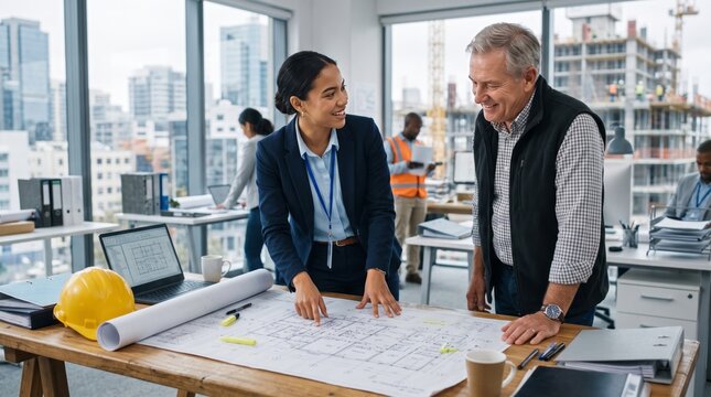 Senior Civil Engineer Mentoring Junior Architect While Reviewing Construction Blueprints in Modern Project Office