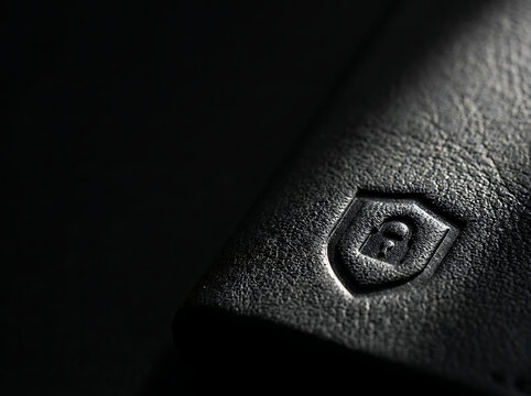 Embossed Shield and Padlock Icon on Black Textured Leather for Security and Protection Concept