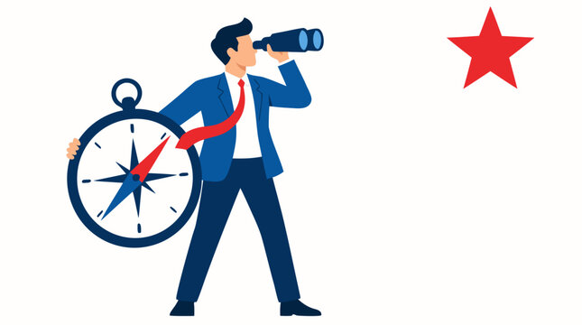 Ambitious businessman with binoculars and compass navigating toward success star, strategic vision and direction concept for corporate leadership and business goals