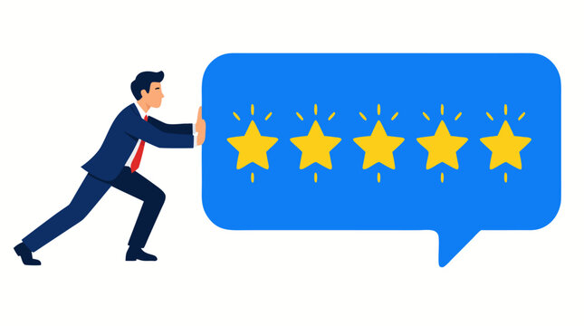 Ambitious businessman pushing giant blue speech bubble with five golden glowing stars, bold flat design illustration symbolizing excellent customer feedback and positive online reviews